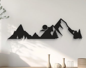Mountain and Forest Wall Art, Modern Nature Landscape, 3D Mountain Scene, Minimalist Black Silhouette, Wall Decor, Available in 3 Sizes