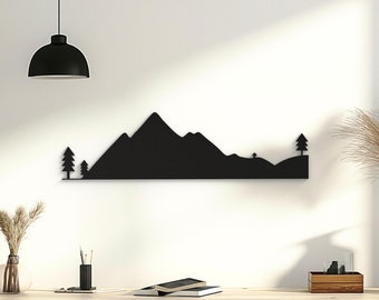 Minimalist Mountain Wall Art, Forest Landscape Silhouette, Black Nature Wall Decor, Modern 3D Mountain Scene, Available in 3 Sizes