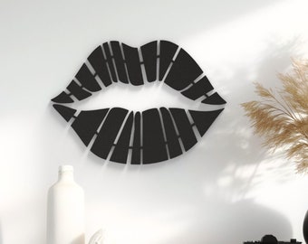 Hanging Lips Wall Art, Black Kiss Wall Decor, Minimalist Mouth Wall Hanging, 2-Piece Wood Decoration, Modern Lip Sculpture, Bedroom Wall Art