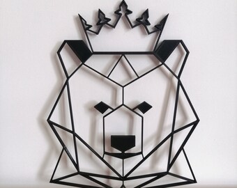 Geometric Bear with Crown - Hanging Wall Art - Bear Figurine - Bear Head - Bear Statue - Animal - Bear Wall Art - Wire Sculpture - Kids Room