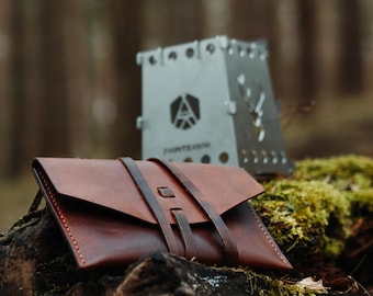 Set a leather cover and folding camping stove - the best for bushcraft gift