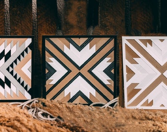Set of 3 - Geometric Wood Wall Art - Wood Mosaic - Boho decor - Wooden Tray - Modern Farmhouse Decor - Modern Wood Tray - Boho Coasters