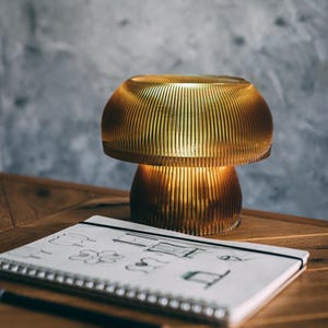Retro Mushroom Lamp &quot;Smoky Amber&quot;, Battery-Powered Mid Century Table Lamp, 70s Style Mushroom Light, Small Nightstand Lamp
