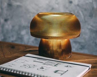 Retro Mushroom Lamp "Smoky Amber", Battery-Powered Mid Century Table Lamp, 70s Style Mushroom Light, Small Nightstand Lamp