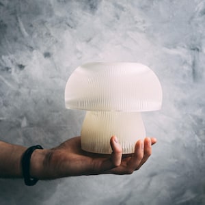 Retro Mushroom Lamp &quot;Milky White&quot;, Battery-Powered Mid Century Table Lamp, 70s Style Mushroom Light, Small Nightstand Lamp