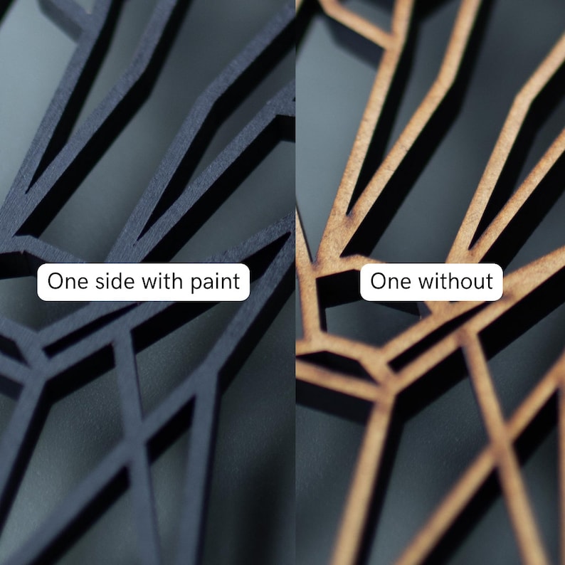 May include: Close-up of two identical geometric wood designs, one side painted black and the other side left natural wood. The text "One side with paint" is on the left side and "One without" is on the right side.