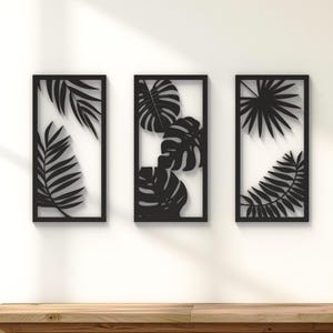 Botanical Wall Art, Tropical Leaf Decor, Modern Black Plant Silhouettes, Minimalist Jungle Prints, Triptych Wall Art, Monstera Palm Leaf Art