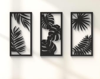 Botanical Wall Art, Tropical Leaf Decor, Modern Black Plant Silhouettes, Minimalist Jungle Prints, Triptych Wall Art, Monstera Palm Leaf Art
