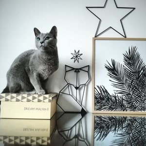 May include: A gray Russian Blue cat sits on a box with the text "DREAM MACHINE" printed on it. The cat is looking to the left of the image. Behind the cat is a black metal geometric fox sculpture and a black metal star hanging on the wall. A framed print with a black and white image of palm leaves is on the wall to the right of the cat.