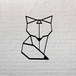 May include: Geometric line art design of a fox sitting on a white brick wall background.
