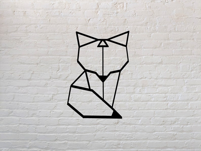 May include: Geometric line art design of a fox sitting on a white brick wall background.