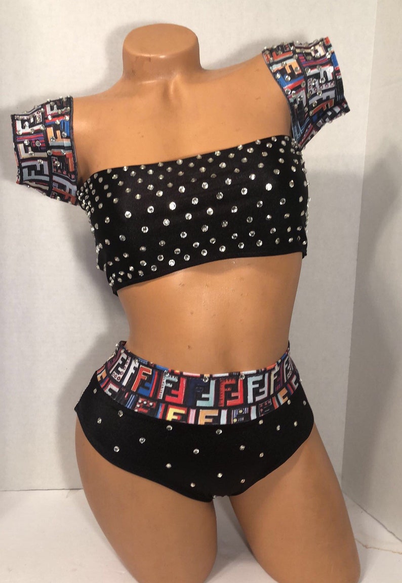 Exotic Dancewear-Beautiful Black Tube Style Top with Arm Cuffs accented with Crystal Clear Rhinestones