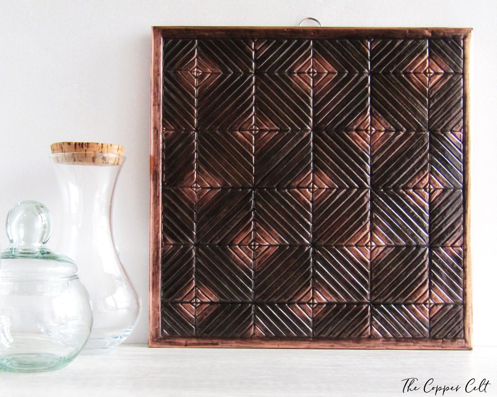 Geometric Embossed Copper Wall Decor Square Metal Bas Relief Etsy