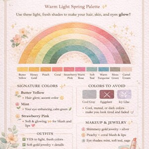 Puede incluir: Una hoja de trucos de color titulada "Shelby's Best Colors" con una paleta Warm Light Spring. Presenta un arcoíris de colores, incluyendo Amarillo Mantequilla, Coral y Teal Suave, con sugerencias de maquillaje y joyería.