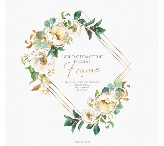 Floral Frame Clip Art Watercolor Flowers Geometric Gold Etsy