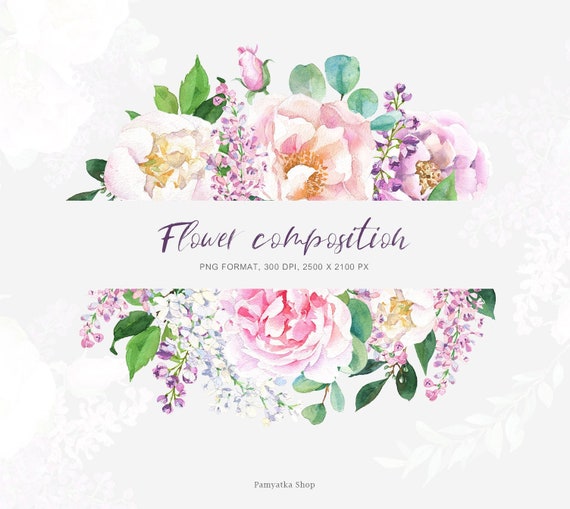 Watercolor Flower Frame Floral Arrangement Pink Flower Etsy