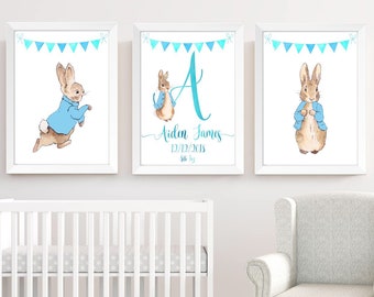 Personalised Peter Rabbit Prints Set Of 3, Boys Nursery Wall Art Decor, Baby Room Pictures Posters, Bunny Art Prints, Baby Shower Gift