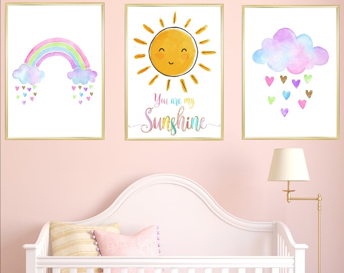 Watercolour Cloud Rainbow Nursery Prints Set of 3, You Are My Sunshine ...