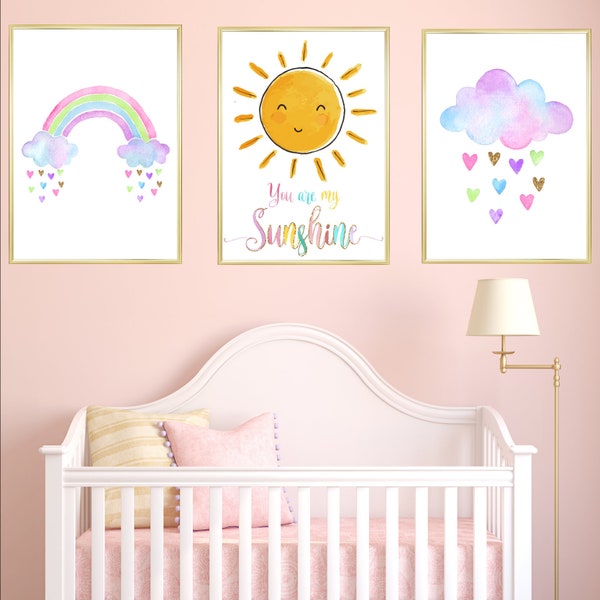 Aquarelle Cloud Rainbow Nursery Prints Set Of 3, You are my Sunshine Sun Quote Baby Girl Room Decor Printable Pictures Baby Shower Gift