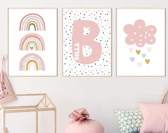 Rainbow Personalised Name Nursery Prints Wall Art Set of 3, Scandi Rainbow Prints Rainbow Nursery Decor Pictures Print Baby Girl shower Gift