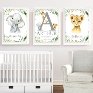 Animals Personalised Name Nursery Prints Set Of 3, Personalised Baby Room Pictures Posters Decor Wall Art Print, Art Prints Baby Shower Gift