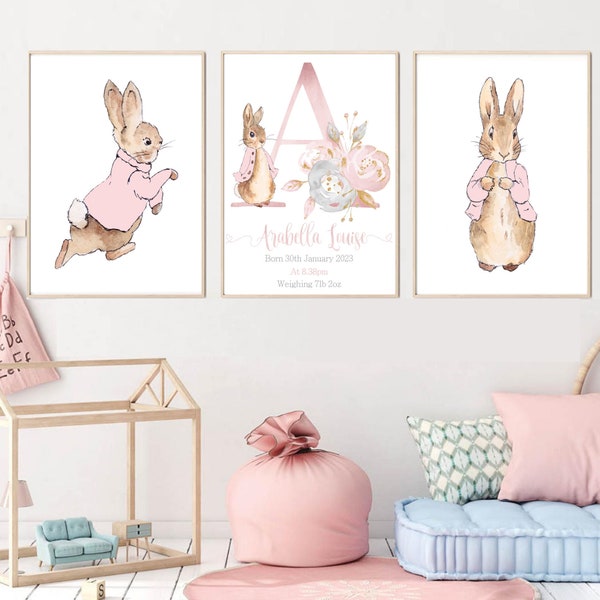 Pink Peter Rabbit Beatrix Potter Nursery Decor Wall Art Print Set, Personalised Name Flopsy Bunny Art Prints, Girl Room Prints, Baby Gift