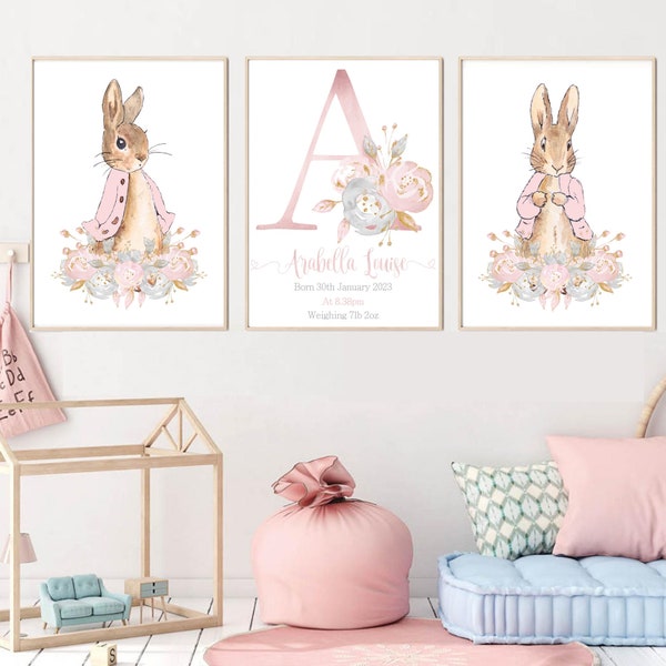 Peter Rabbit Girls Nursery Prints Set Of 3, Personalised Baby Room Flopsy Pictures Posters Decor Wall Art Print, Bunny Art Prints, Baby Gift