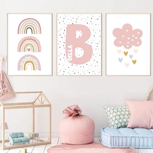 Rainbow Personalised Name Nursery Prints Wall Art Set of 3, Scandi Rainbow Prints Rainbow Nursery Decor Pictures Print Baby Girl shower Gift