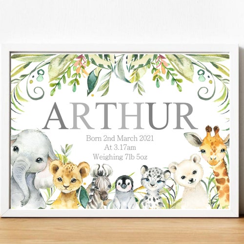 Newborn Personalised Safari Animals Print Baby Boy Nursery Zoo Wall Art Gift