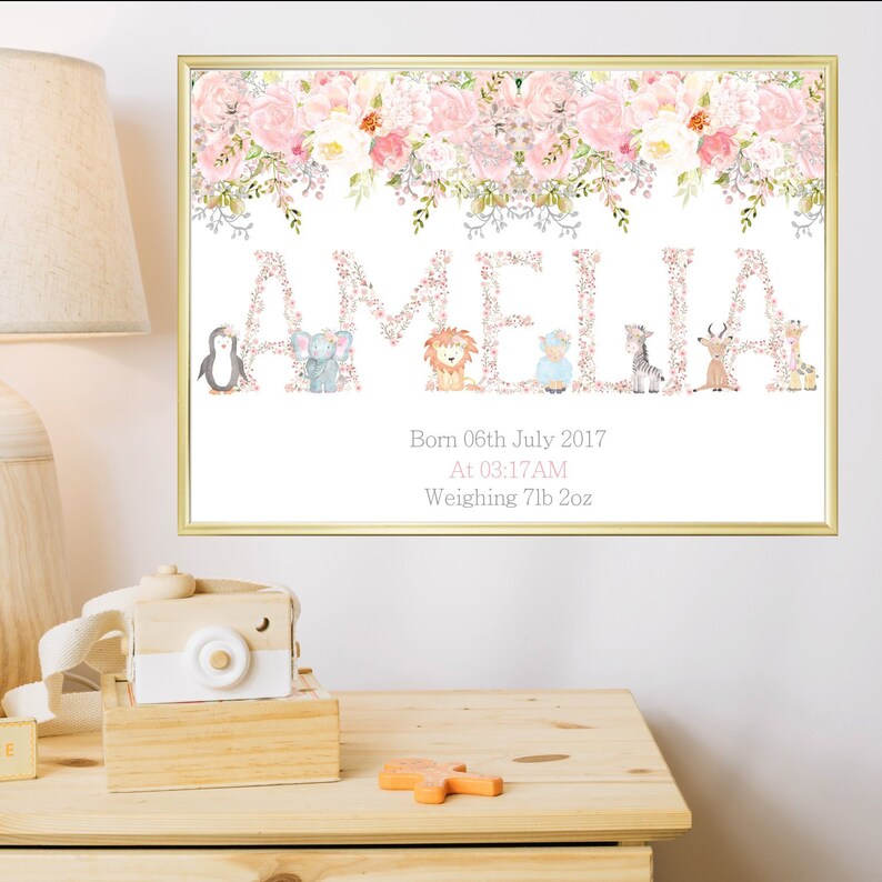 Animals Personalised Name Nursery Print, Birth Details Print, Animals Baby Girl Room Decor Printable Picture Children Gift, Baby shower Gift 