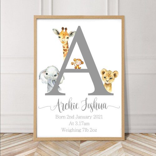 Animals Personalised Name Nursery Print Birth Details Print - Etsy