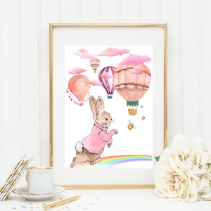 Pink Peter Rabbit and Hot Air Balloons Nursery Art Print Set of 3 ...