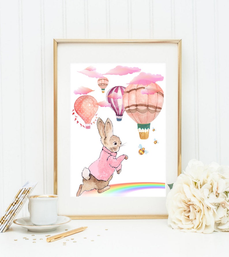 Pink Peter Rabbit and Hot Air Balloons Nursery Art Print Set Etsy UK