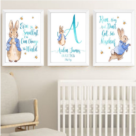 Peter Rabbit Beatrix Potter Nursery Decor Wall Art Print Set, Personalised  Name Bunny Art Prints, Boy Room Prints, Baby Shower Gift 