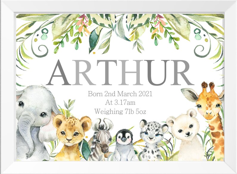 Personalised Safari Jungle Animals Name Nursery Print Birth Etsy