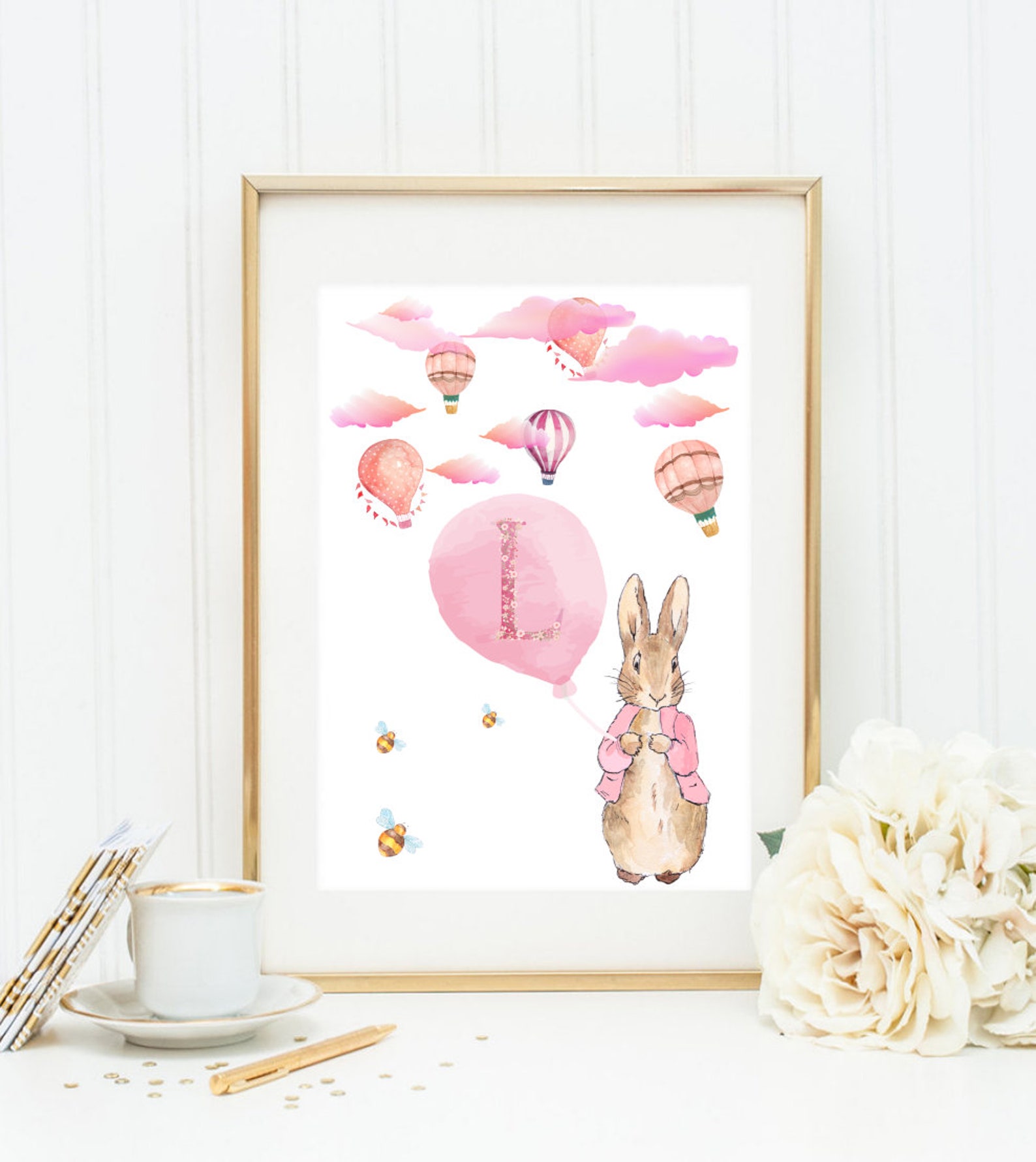 Pink Peter Rabbit and Hot Air Balloons Nursery Art Print Set - Etsy