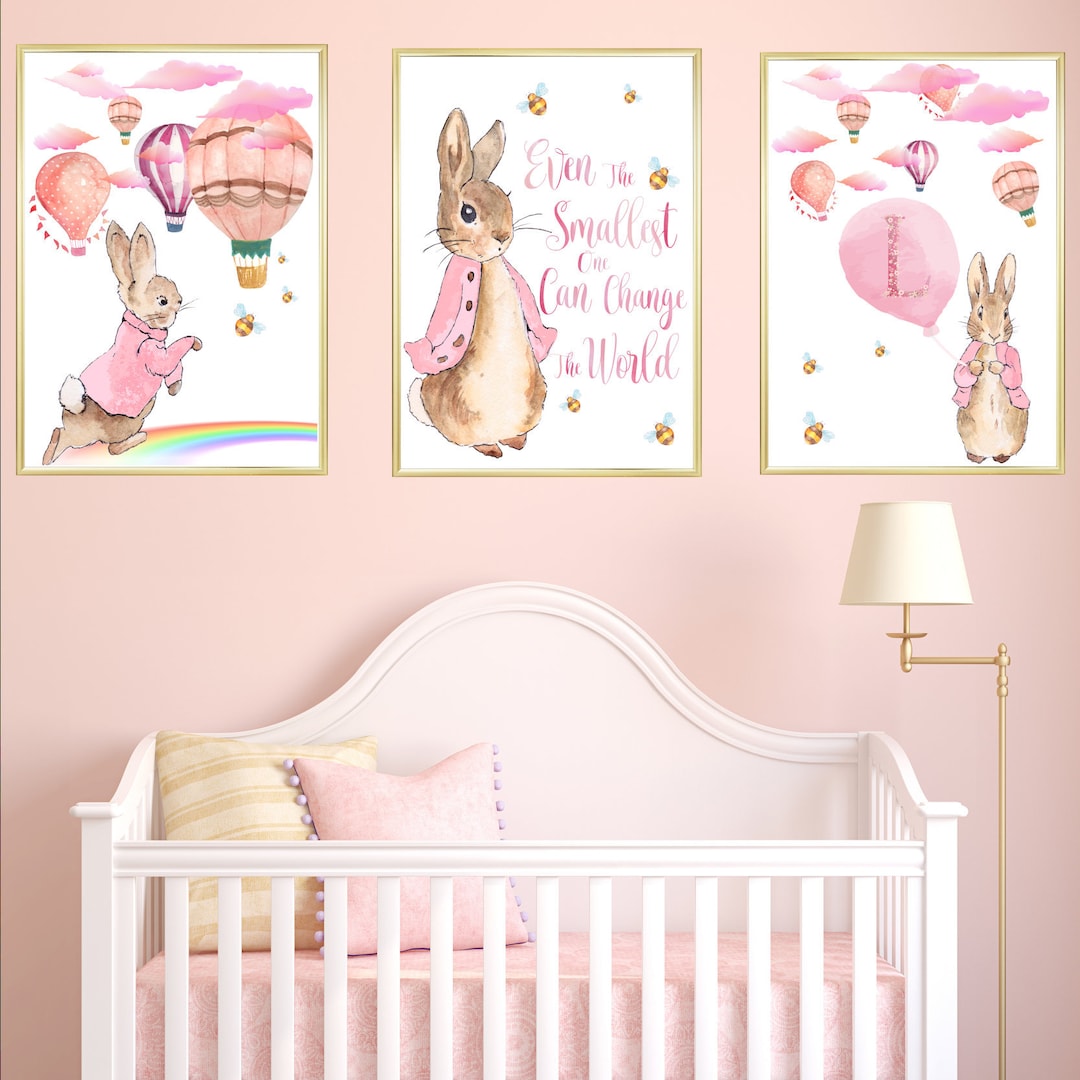 Pink Peter Rabbit and Hot Air Balloons Nursery Art Print Set of 3 ...