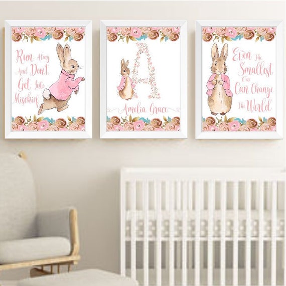 Pink Flopsy Peter Rabbit Beatrix Potter Nursery Decor Art Print Set Floral  Personalised Name Bunny Prints Girl Room Picture Baby Shower Gift 