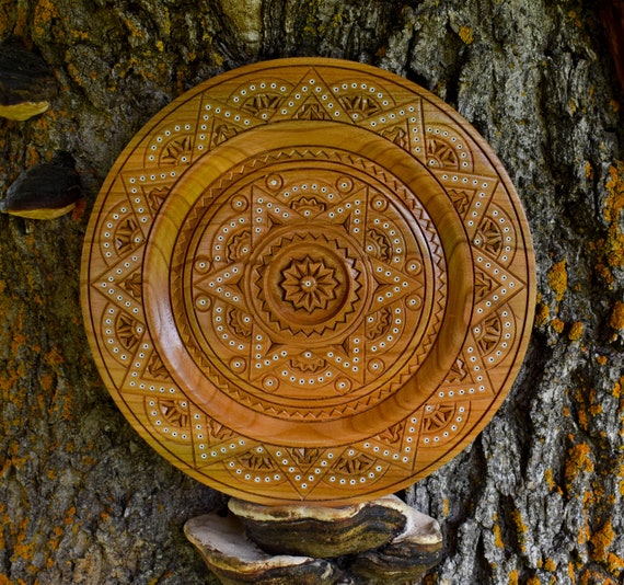 A plate with a unique design Carved handmade plate a gift for a housewarming Ukrainian style of artistic carving gift for a wedding