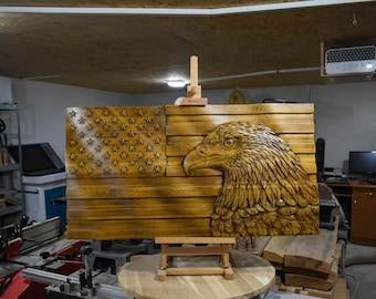 Wooden American Flag with Bald Eagle Carving – Patriotic Wall Art, Carved Wooden Flag with Eagle - USA Patriotic Wall Decor, Military Gift
