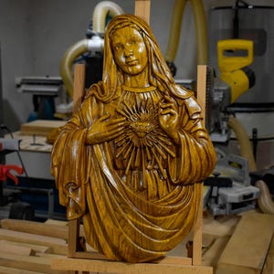 Carved Virgin Mary Icon – Wooden Religious Wall Art – Christian Home Decor – Orthodox & Catholic Gift