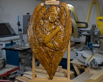 Carved Wooden Angel Wall Art – Guardian Angel Sculpture – Spiritual Home Decor
