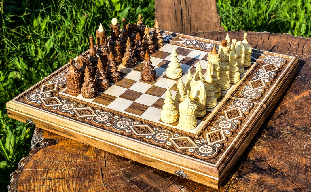 Carved Chess Set Chess Checkers & Backgammon Inlay With Beads Etsy