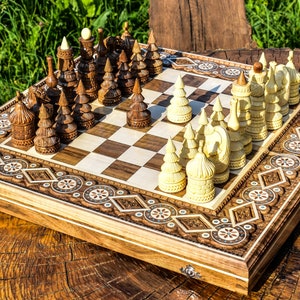 Carved Chess Set Chess Checkers & Backgammon inlay with beads Chess pieces in the Ukrainian style Hutsuls Gift for father Gift for a friend