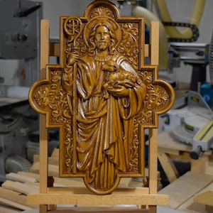 Carved Wooden Jesus with Lamb Icon: Good Shepherd Wall Plaque