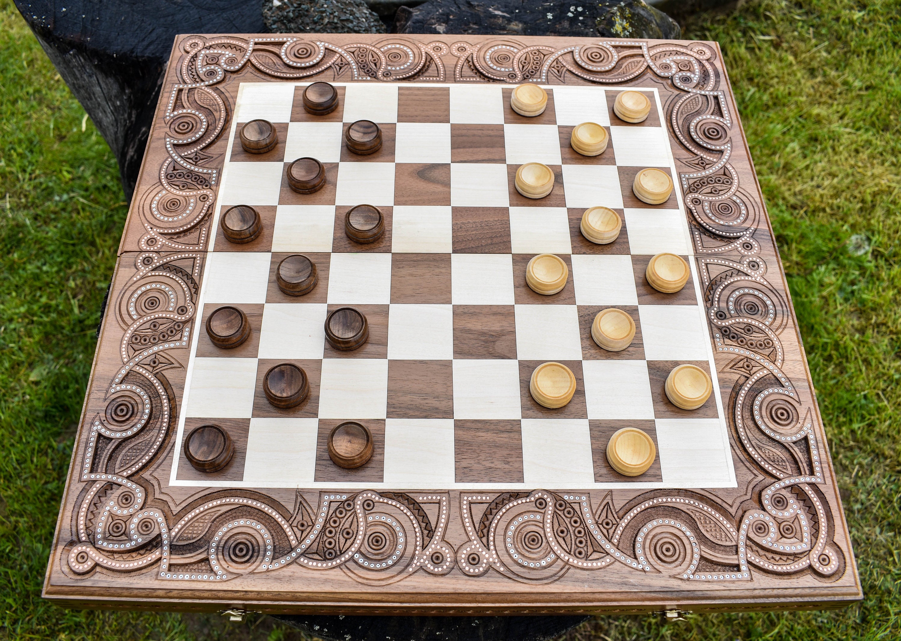 Carved Chess Set Chess Checkers and Backgammon Inlaid With | Etsy