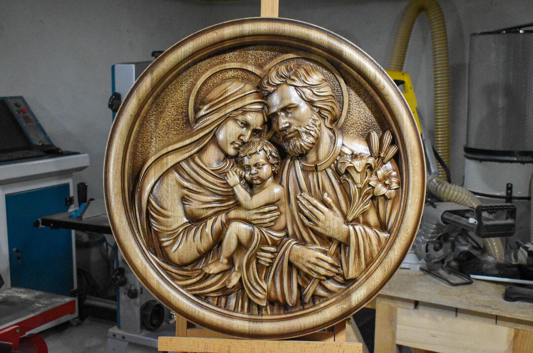 Carved Holy Family Plaque | Christian Wall Art | Wooden Jesus Mary ...