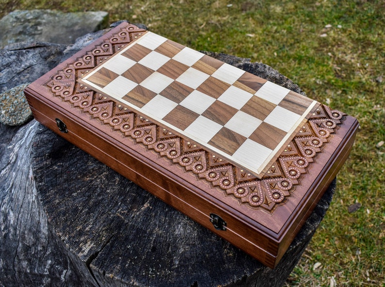 Carved Chess Set Chess Checkers and Backgammon Inlaid With - Etsy