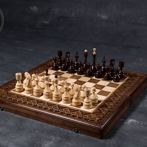 Tournament size wooden chess board with carved border and wooden pieces —  Three Trees Workshop