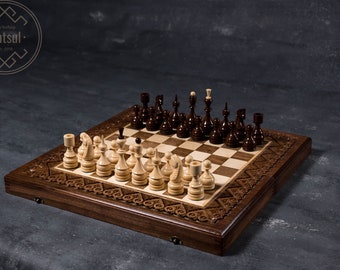 Carved Chess Set, Chess Checkers and Backgammon, inlaid with copper Carved wood chess Gift for father, Gift for a friend, Outdoor gift ideas